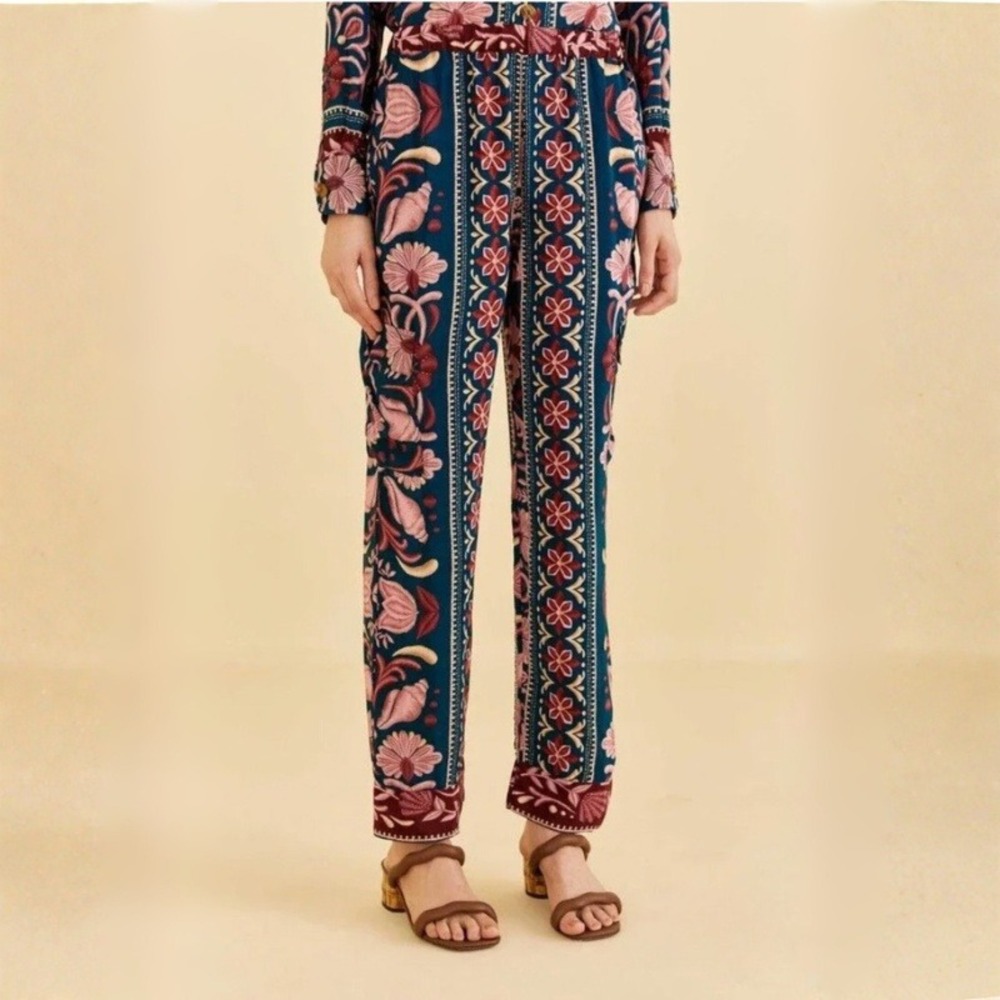 Anthropologie Farm Rio Seashell Tapestry Teal Cargo Pants Floral Size XS NWT